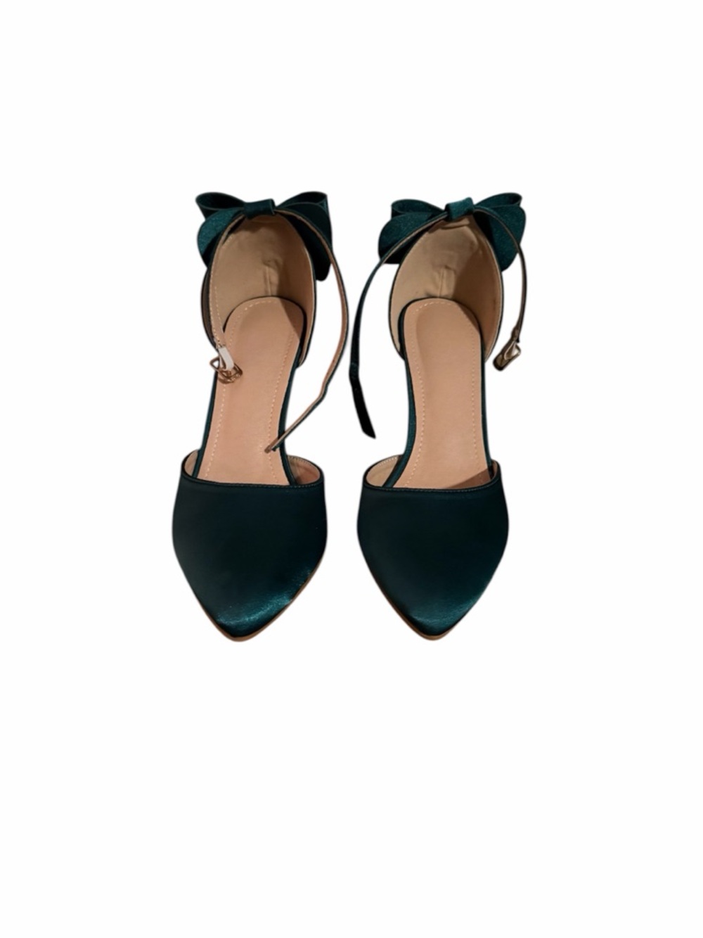 Source Unknown Dark Green Pointed Toe Ankle-Strap Flats with Bow